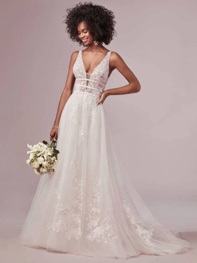 Classy wedding dress Rebecca Ingram White Regular Long V-neck New (Un-Altered) Tulle Size 36